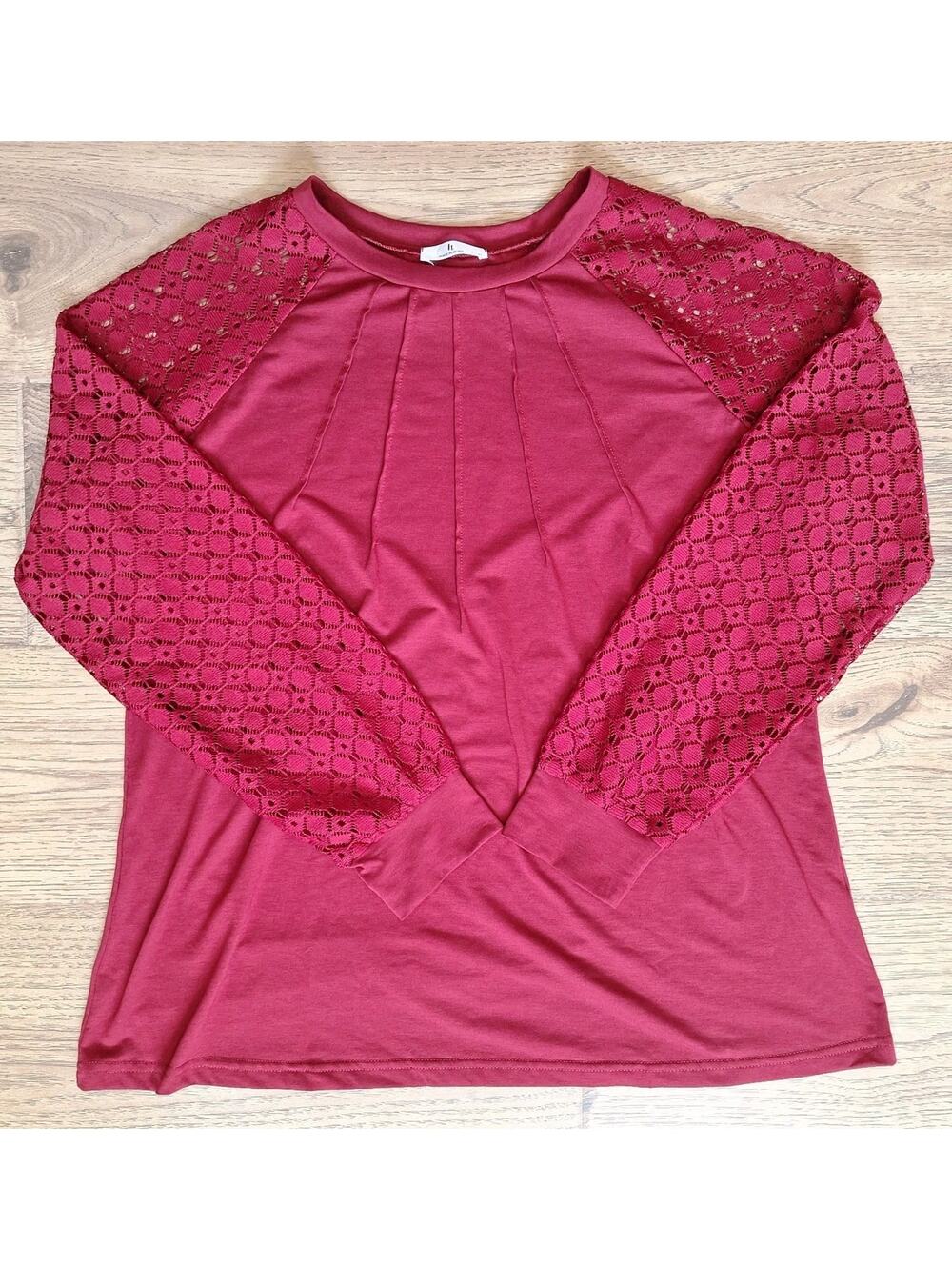 It Brand Wine Red Lace-Sleeved Blouse Pleats Size XL